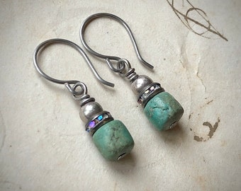 Rustic Turquoise Drum Earrings on Silver with Crystals or Gold