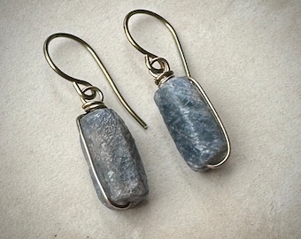 Raw Wrapped Blue Stone Earrings on Antiqued Brass, Rough Kyanite Earrings