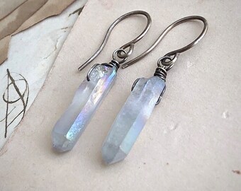 Blue Aura Quartz Crystal Earrings, Dark Sterling Silver Earrings
