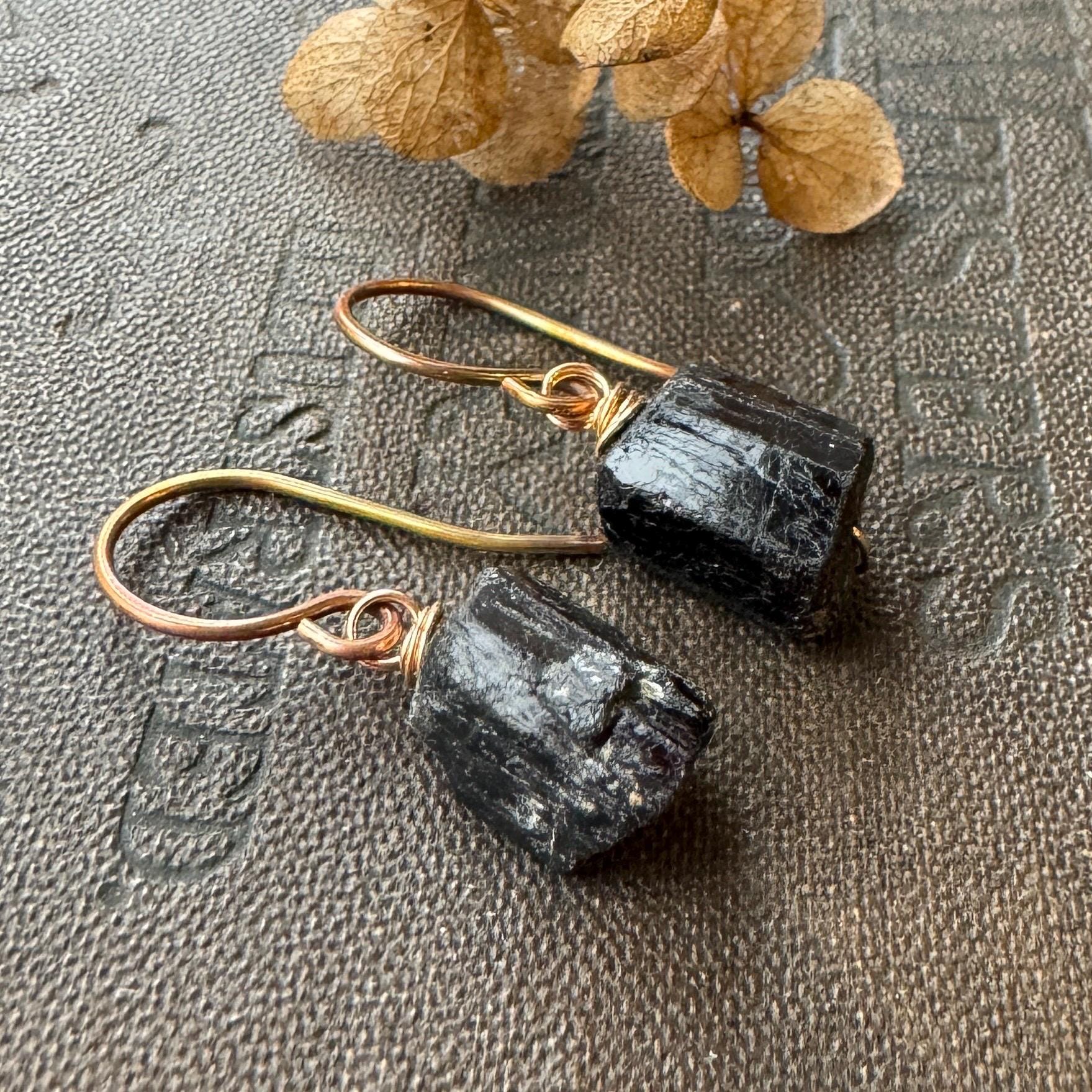 Rough Black Tourmaline Earrings Raw Tourmaline Crystal Earrings Small Black Earrings Etsy UK