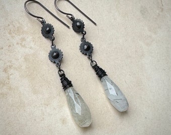 Tourmalinated Quartz Teardrop Earrings, Long Black and White Cog Chain Dangle Earrings