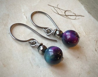 Galaxy Tigereye Earrings, Rainbow Tiger Eye Bead Earrings on Stainless Steel