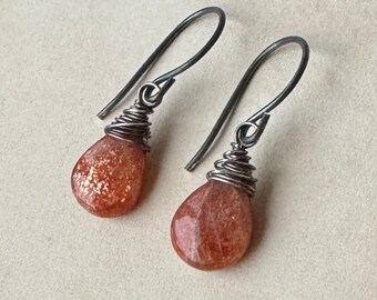 Sparkly Sunstone Earrings, Dark Sterling Silver Orange Gemstone Earrings