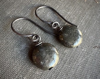 Pyrite Earrings, Cracky Dark Gray Metallic Stone Coin Bead Earrings on Oxidized Sterling Silver