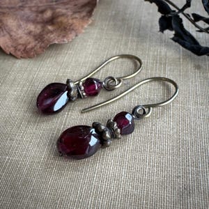 Garnet Bead Earrings, Gothic Witchy Dark Burgundy Earrings, Rustic Metal