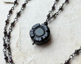 Black Onyx Flower Pendant Necklace, Black Rosary Chain Beaded Necklace