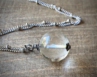 Crystal Orb Pendant, Clear Quartz Bead Pendant, Oracle Necklace, Crystal Ball, Satellite Chain