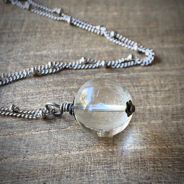 Crystal Orb Pendant, Clear Quartz Bead Pendant, Oracle Necklace, Crystal Ball, Satellite Chain