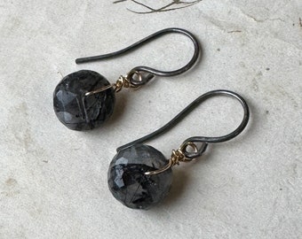 Tourmalinated Quartz Earrings, Gray Black Stone Dark Sterling Silver Earrings