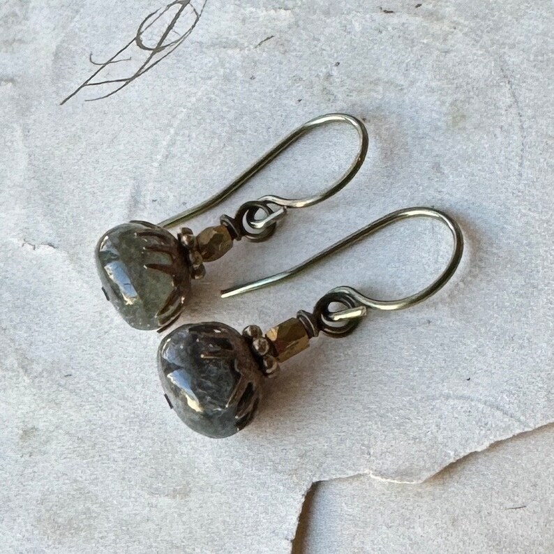 Spiky Capped Moss Aquamarine Earrings, Green Gemstone Antiqued Brass Earrings image 6