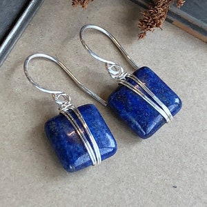 Lapis Earrings Silver Wire Wrapped Blue Gemstone Earrings Sterling Silver and Blue Earrings image 5