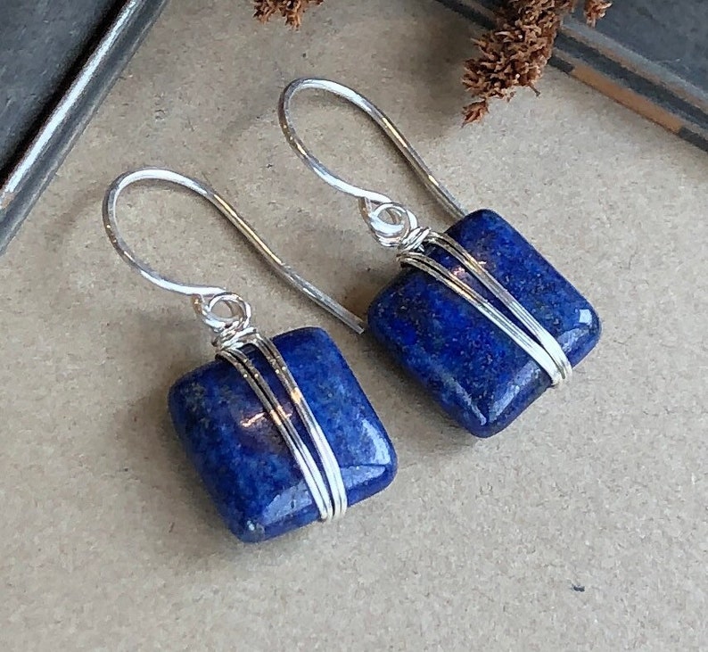 Lapis Earrings Silver Wire Wrapped Blue Gemstone Earrings Sterling Silver and Blue Earrings image 5