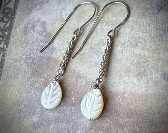 Mother of Pearl Leaf Earrings, Carved MOP Silver Chain Earrings