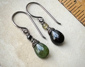 Dark Green Tourmaline Earrings, Mismatched Tiny Tourmaline Earrings on Antiqued Sterling Silver