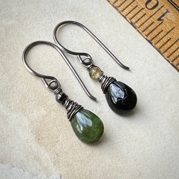 Dark Green Tourmaline Earrings, Mismatched Tiny Tourmaline Earrings on Antiqued Sterling Silver