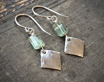 Green Tourmaline Stick Earrings with Textured Sterling Silver Charms