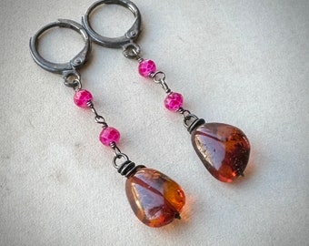 Amber Earrings, Pink Chalcedony Drop Earrings, Dark Metal Earrings