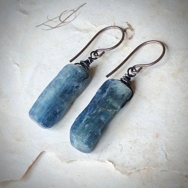 Kyanite Stick Earrings, Rough Blue Kyanite Crystal Earrings on Dark Sterling Silver