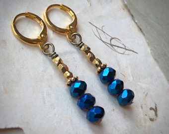 Midnight Blue Earrings, Dark Iridescent Blue Bead Earrings with Brass on Gold Hoop Leverbacks