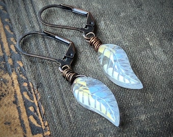 Leaf Charm Earrings, Antique Copper Iridescent Clear Glass Earrings