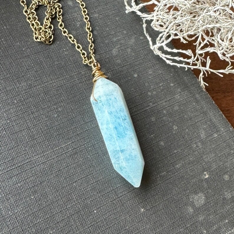 Aquamarine Necklace, Aquamarine Crystal Pendant, Aquamarine Double Point Necklace on Brass image 7