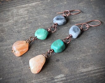 Triple Stone Drop Earrings, Turquoise Earrings with Red Agate on Antiqued Copper