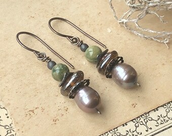 Gem Bead Pearl Earrings, Blue Freshwater Pearl Earrings with Rhyolite, Vintage Glass