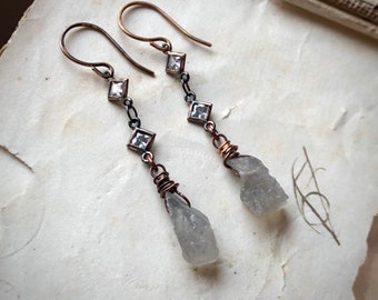 Long Dangly Rough Stone Earrings, Labradorite Earrings, Raw Gemstone Earrings