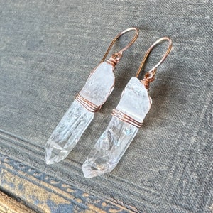Quartz Point Earrings, Rustic Clear Quartz Crystal Point, Copper and Rose Gold Earrings image 1