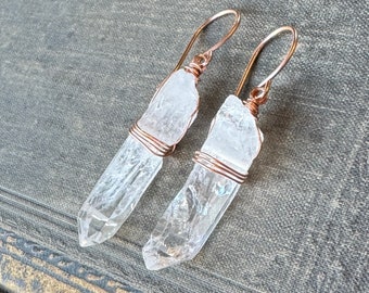 Quartz Point Earrings, Rustic Clear Quartz Crystal Point, Copper and Rose Gold Earrings