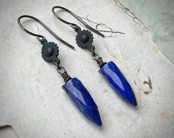 Lapis Lazuli Earrings, Dark Metal Lapis Point Earrings