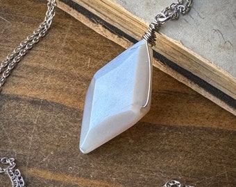 Gray Moonstone Necklace, Stainless Steel Silver Gemstone Pendant, Diamond Shaped Stone Pendant