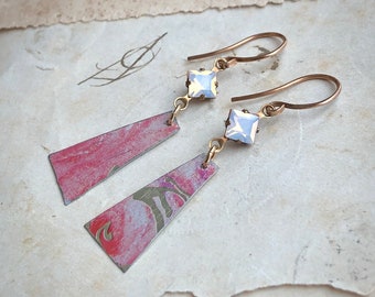 Pink Earrings, Recycled Cut Tin Charm Earrings, Opal Glass Rhinestone Crystal Earrings on Bronze