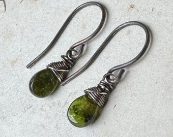 Tiny Green Tourmaline Earrings, Dark Sterling Silver Earrings, Tiny Gemstone Teardrop