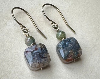 Dark Blue Pietersite Earrings with Tourmaline on Antiqued Brass