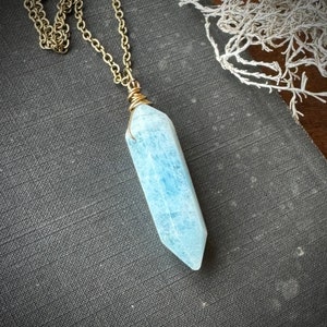 Aquamarine Necklace, Aquamarine Crystal Pendant, Aquamarine Double Point Necklace on Brass image 1