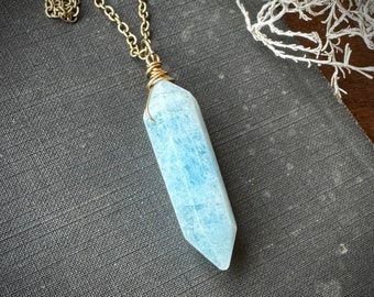 Aquamarine Necklace, Aquamarine Crystal Pendant, Aquamarine Double Point Necklace on Brass