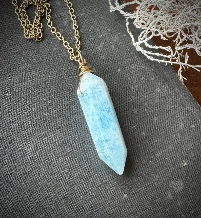 Aquamarine Necklace, Aquamarine Crystal Pendant, Aquamarine Double Point Necklace on Brass image 1