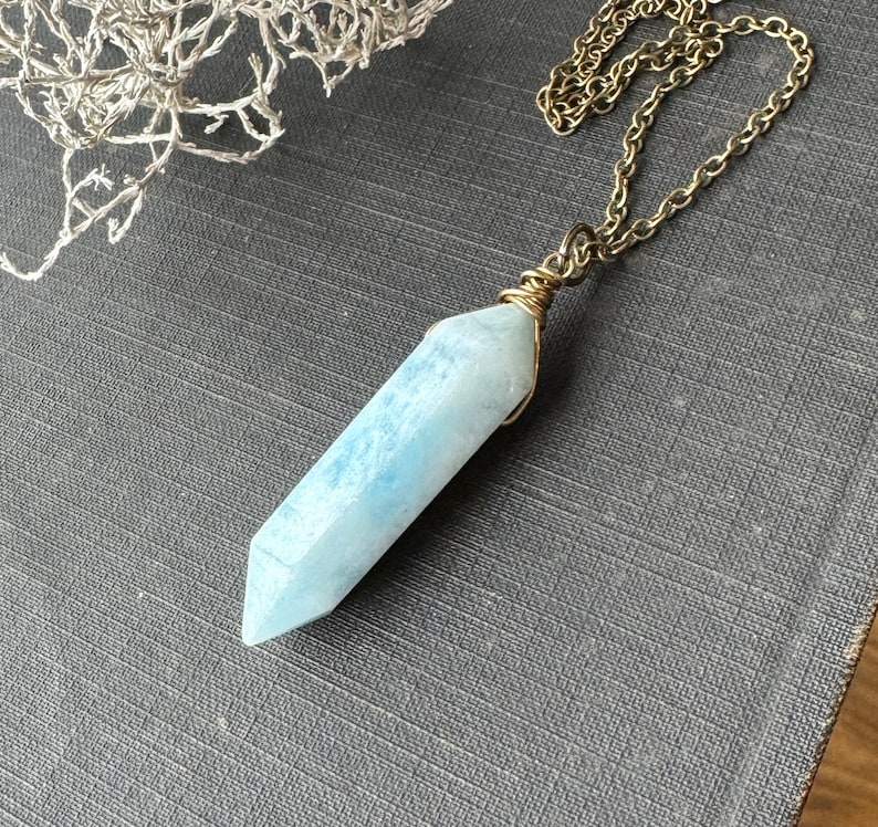 Aquamarine Necklace, Aquamarine Crystal Pendant, Aquamarine Double Point Necklace on Brass image 3