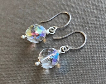 Faceted Aurora Borealis Glass Bead Earrings, Sterling Silver Earrings