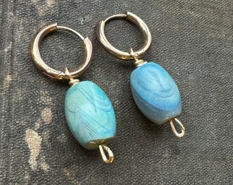 Blue Agate Earrings on Rose Gold Hoops, Banded Blue Stone Earrings
