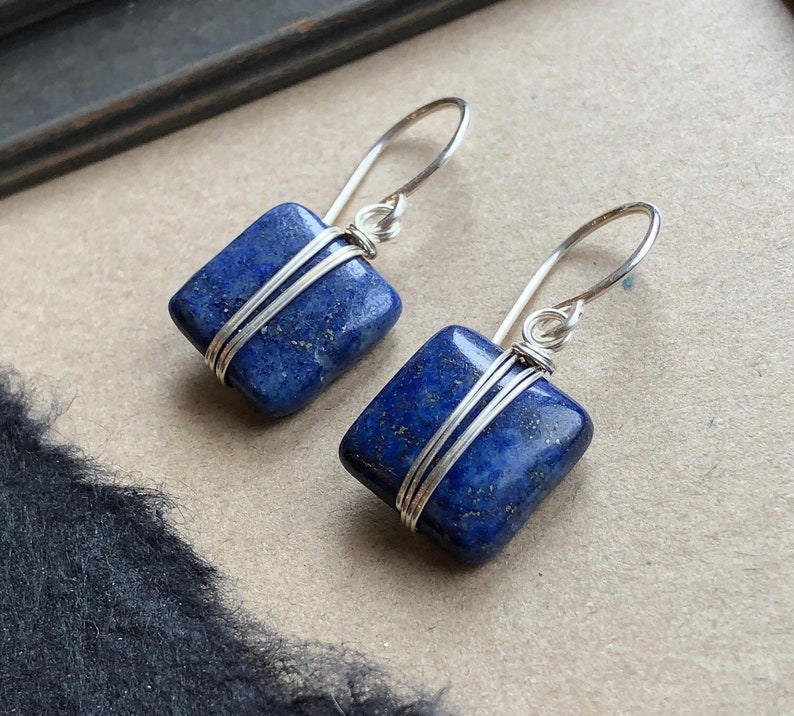 Lapis Earrings Silver Wire Wrapped Blue Gemstone Earrings Sterling Silver and Blue Earrings image 7