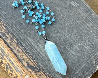 Aquamarine Necklace, Blue Gemstone Bead Chain Aquamarine Pendant