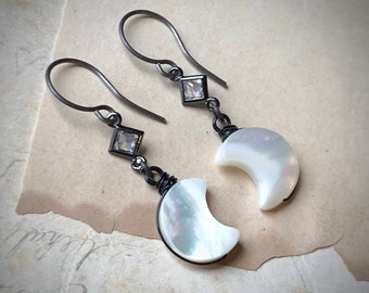 Star and Moon Earrings, Waxing and Waning Crescent Moon Earrings, Mother of Pearl CZ Earrings