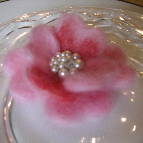 Wool felted pin and red  flower with pearl center
