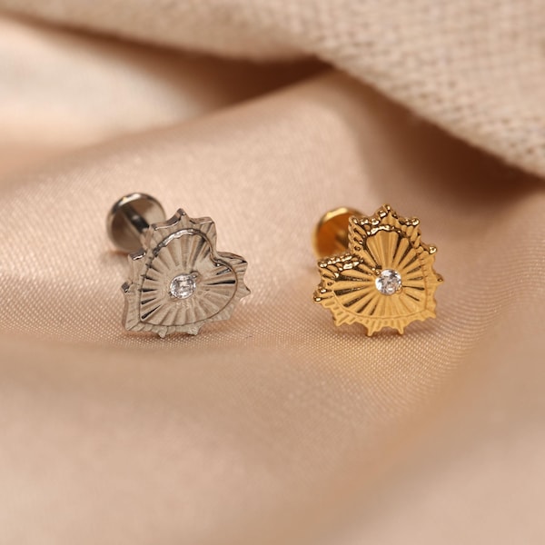 Heart-shaped zircon gold/silver jewelry G23 CZ earrings conch piercing internal thread nose nail 16G 18G