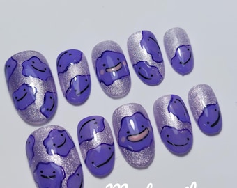 Handmade Press on Nails/Kawaii Cute Nails/Pure hand-painted nail art/Pokemon Nail Art ditto /Anime Cartoon Nail Art/Cool Sweet Girl Nails