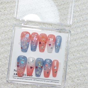 Bling Blue and Red 3D bear and rose Press-On Nails/3D nails/luxury press on nails/jelly nails/y2k nails/abstract nails