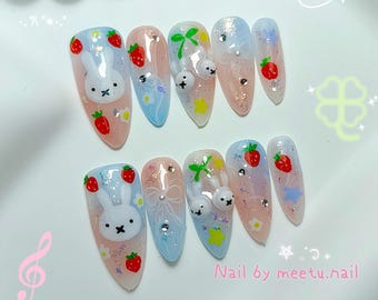 Kawaii Miffy Press On Nails: 3D Bunny and cherry Nail Set, 3D Nail Art, Kawaii nail miffy & bunny
