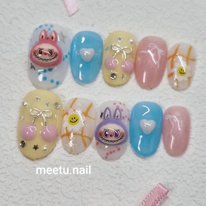 LABUBU Press On Nails | Cute Nails | Japanese Nails |Cartoon Nails  | Well Handmade Nails Labubu Nails with 3D Elements and Hearts